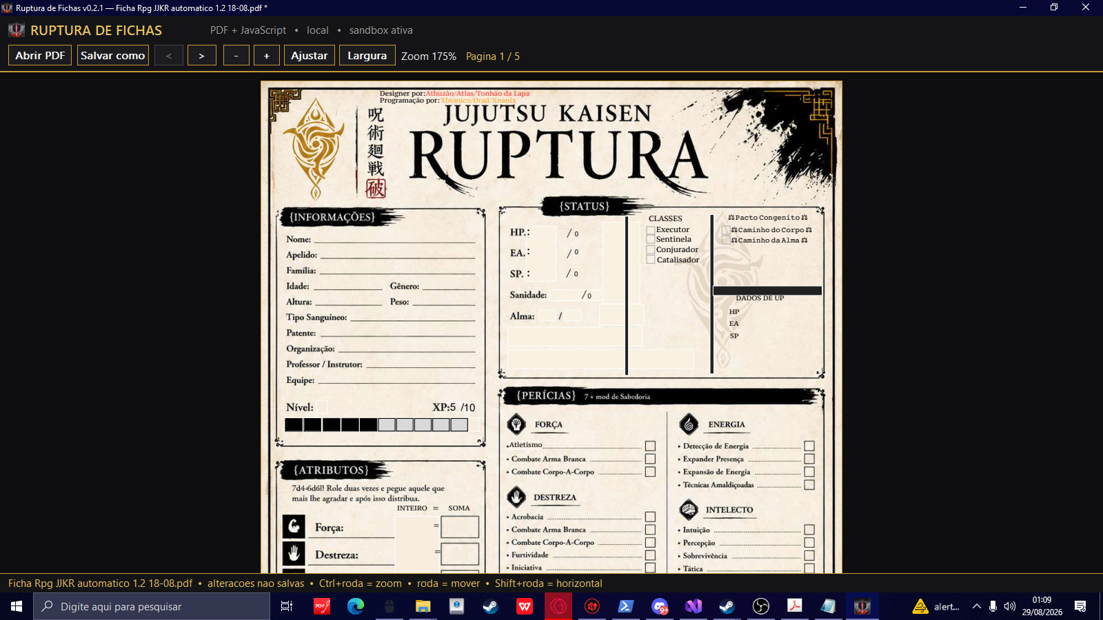 Ruptura de Fichas exibindo uma ficha PDF com zoom e barra de XP